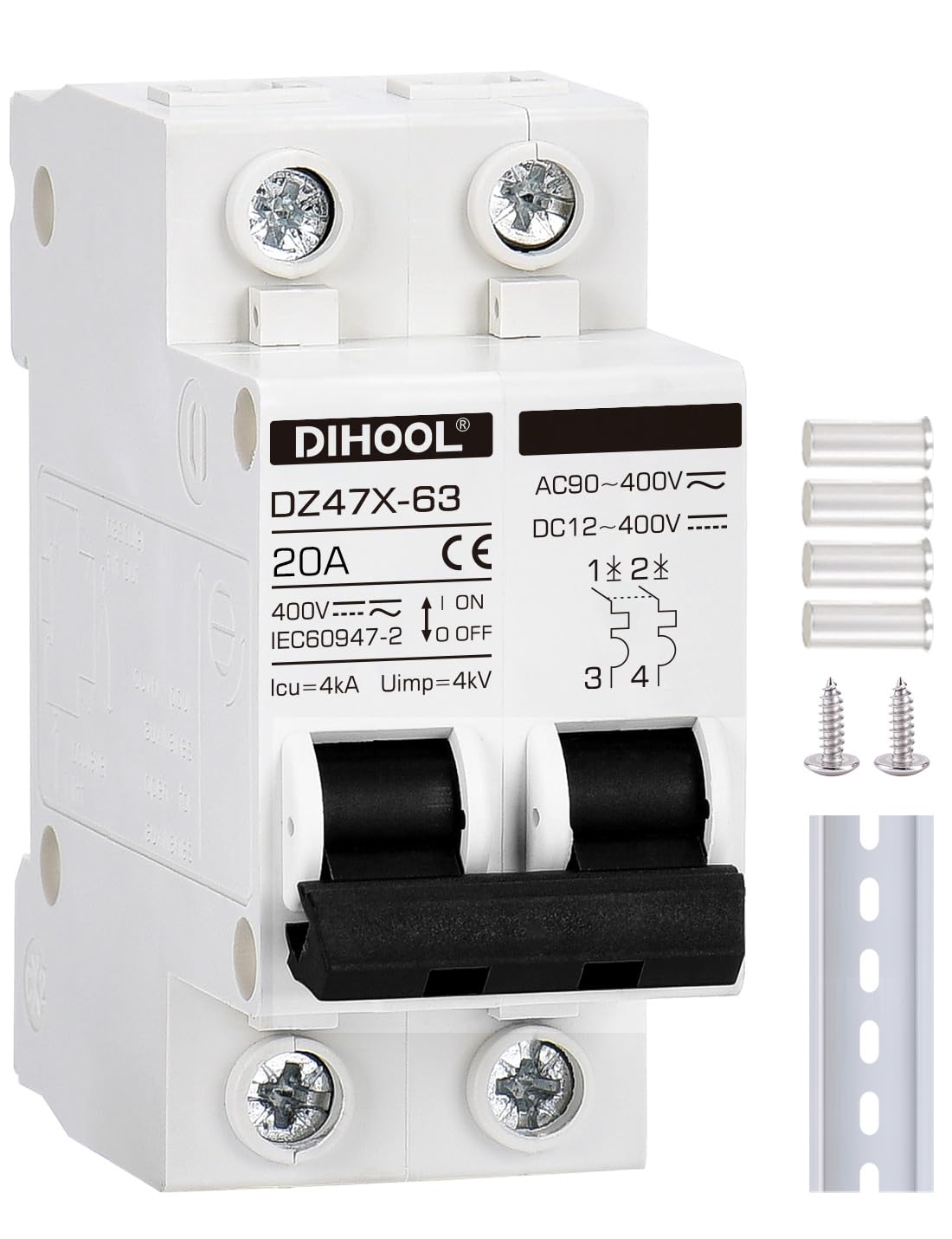 Dihool solar disconnect switch front view, compact and DIN-rail ready for fast PV isolation.