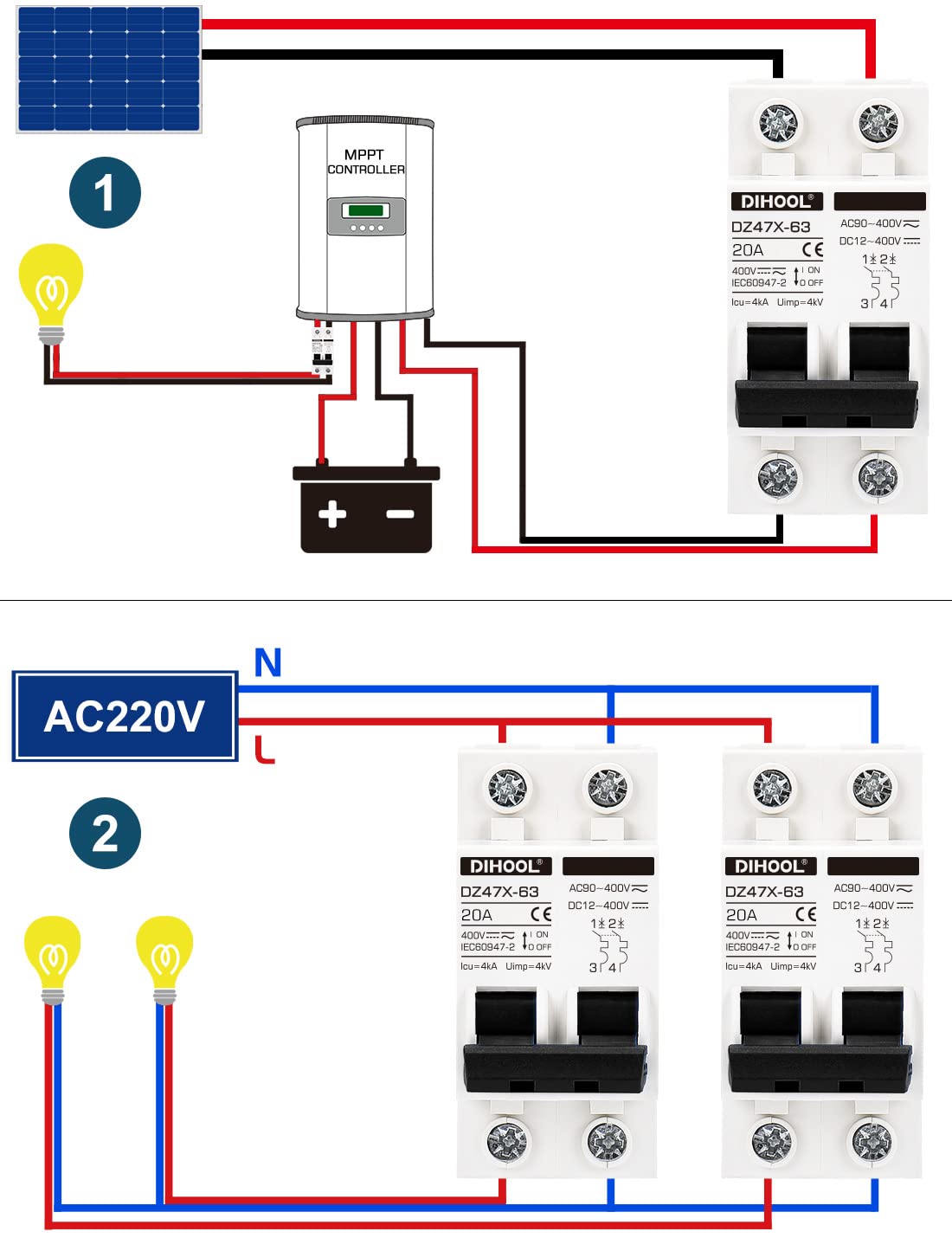 Dihool solar disconnect switch side mount enables easy integration with battery controllers.