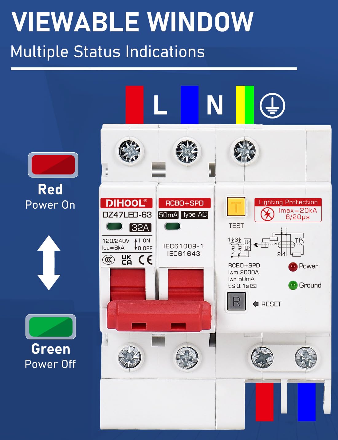 DIHOOL 2-pole design supports 120–240V circuits for versatility.