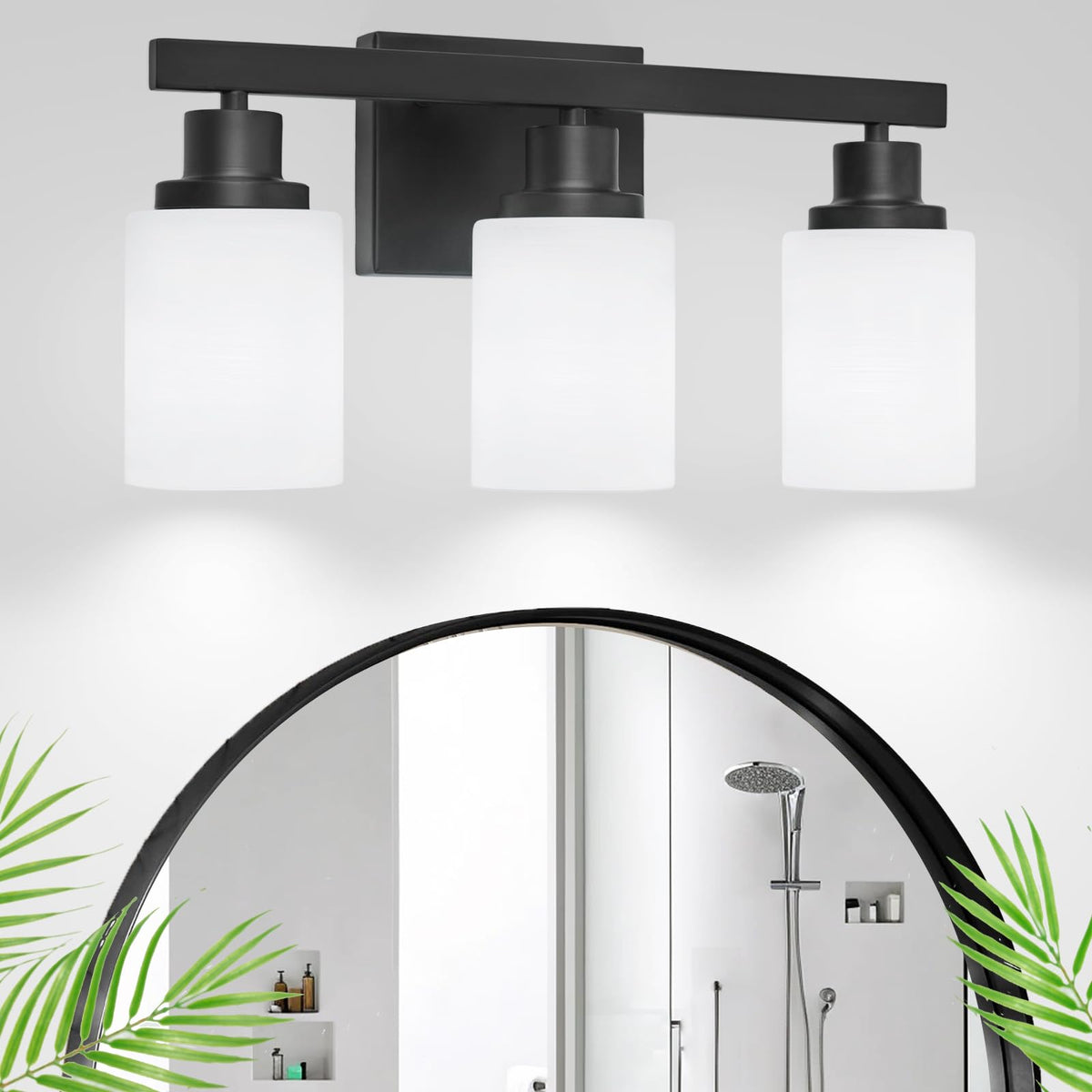 DIKAIDA 3-light bathroom vanity light over mirror with matte black finish for soft, diffused glow.