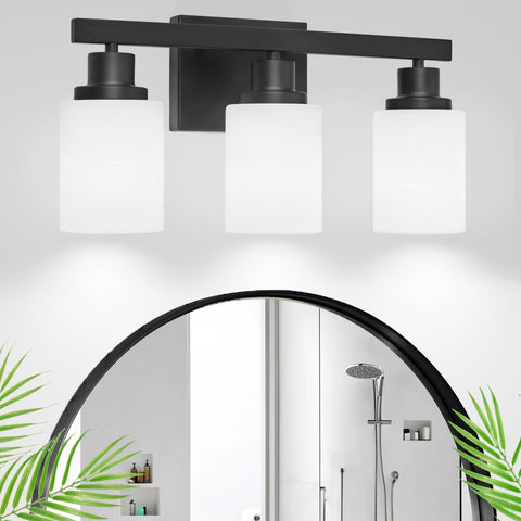 DIKAIDA 3-light bathroom vanity light over mirror with matte black finish for soft, diffused glow.