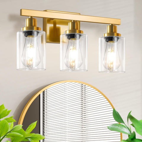 DIKAIDA 3-light brushed gold bathroom light over mirror with clear glass shades