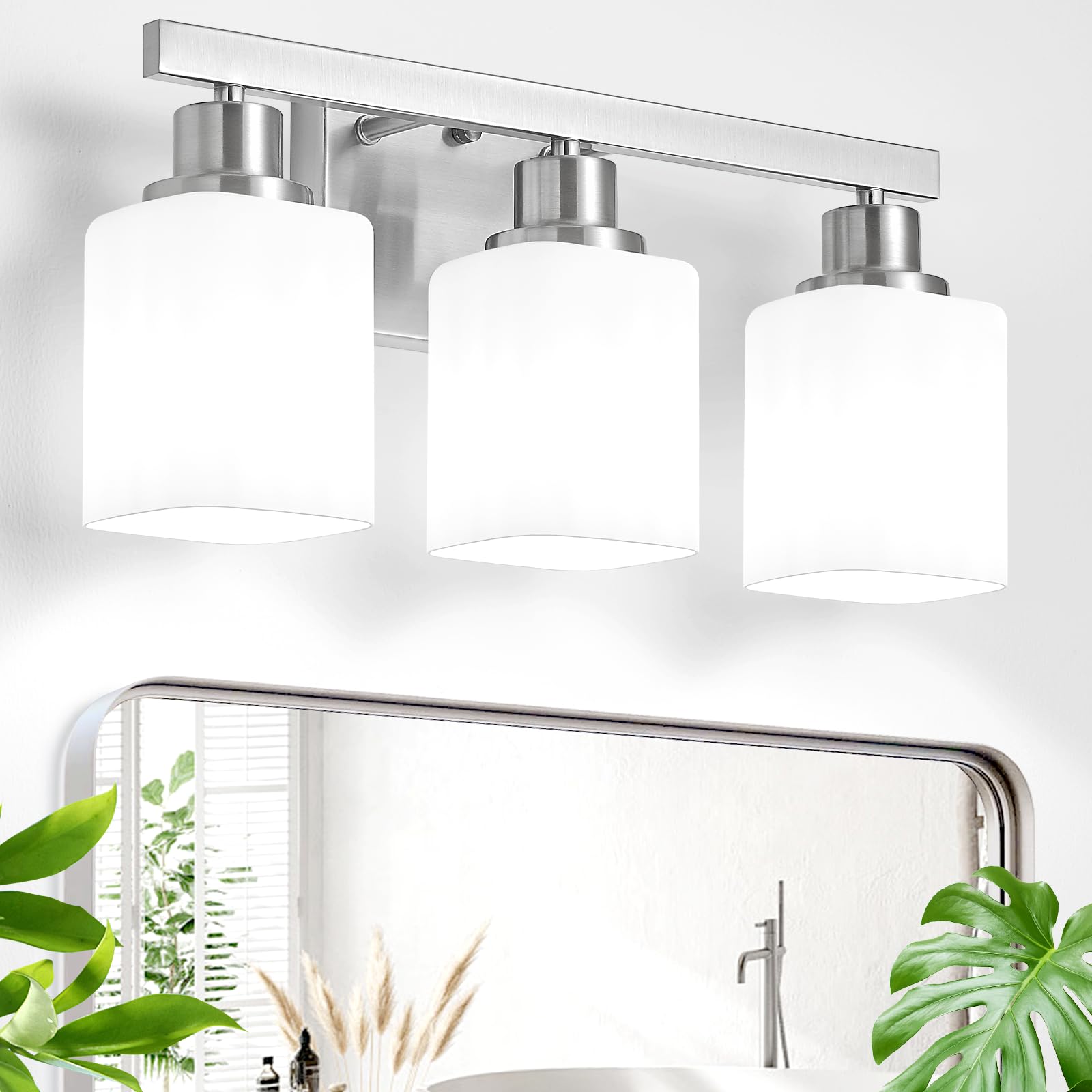 DIKAIDA 3-light vanity light with brushed nickel and square frosted glass for balanced illumination.