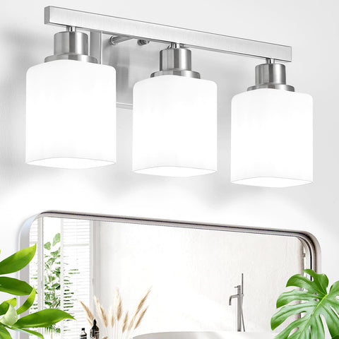 DIKAIDA 3-light vanity light with brushed nickel and square frosted glass for balanced illumination.