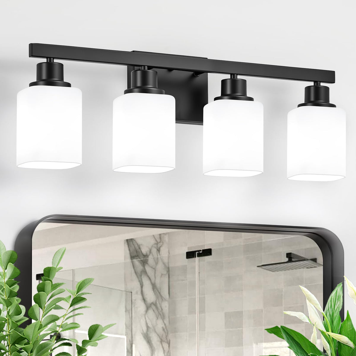 DIKAIDA 4-light vanity light with square frosted glass for a modern bathroom.