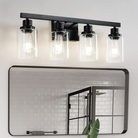 DIKAIDA 4-light vanity light in matte black with clear glass shades for elegance.