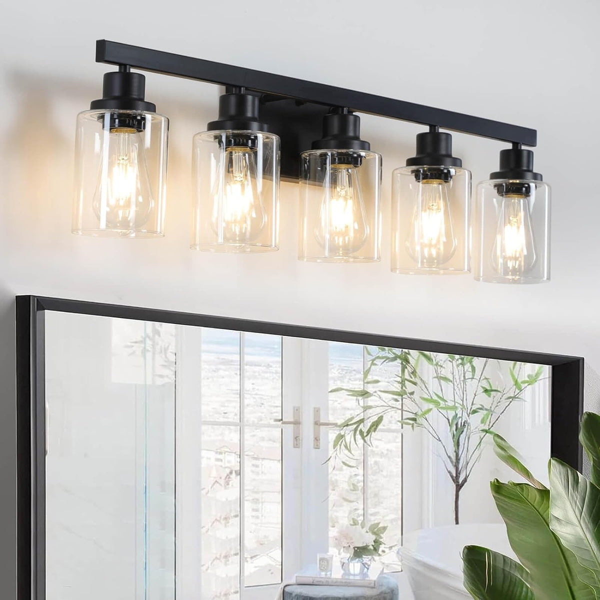 DIKAIDA 5-light black vanity light over mirror with clear glass shades for bright illumination