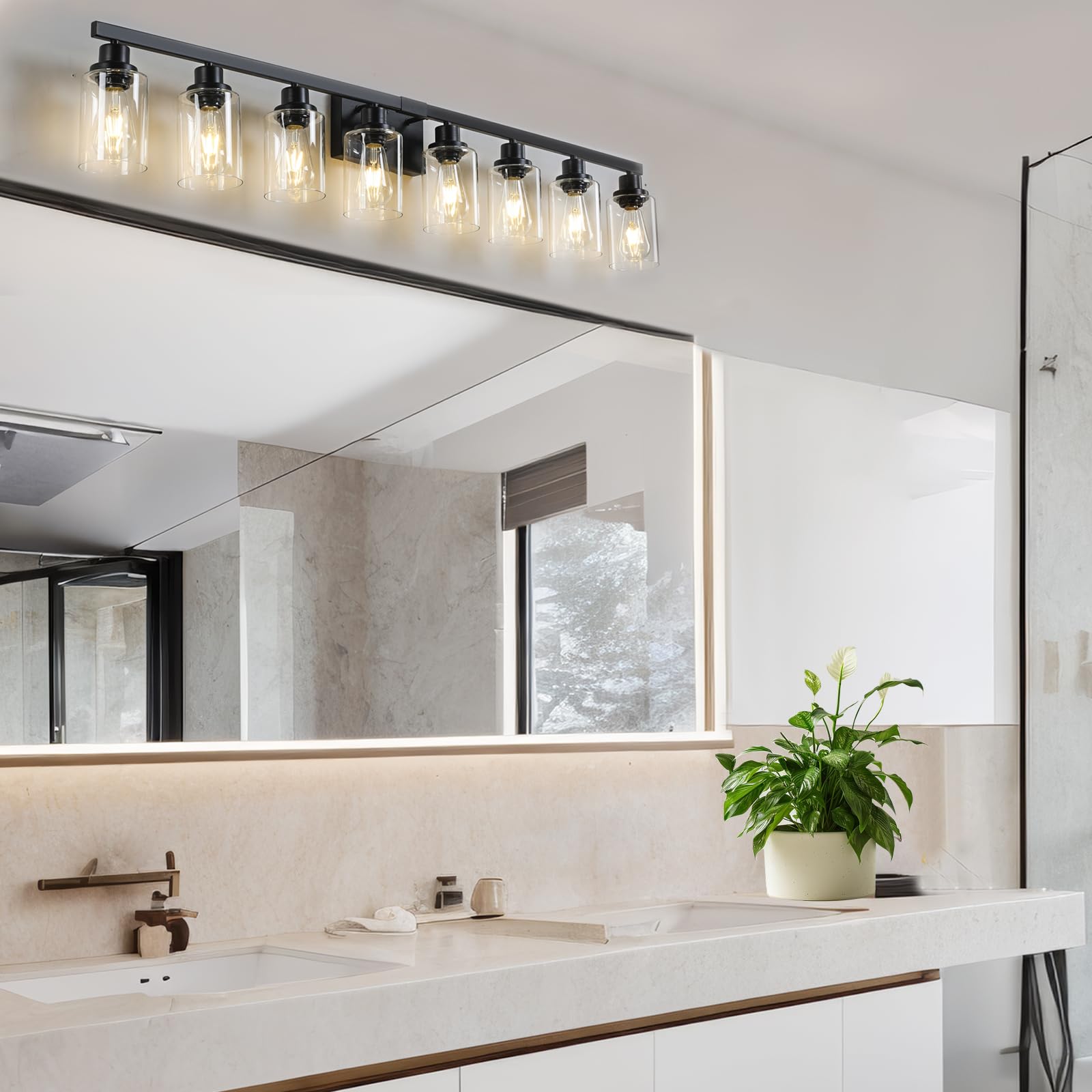 DIKAIDA 52 inch matte black vanity light illuminates the mirror area