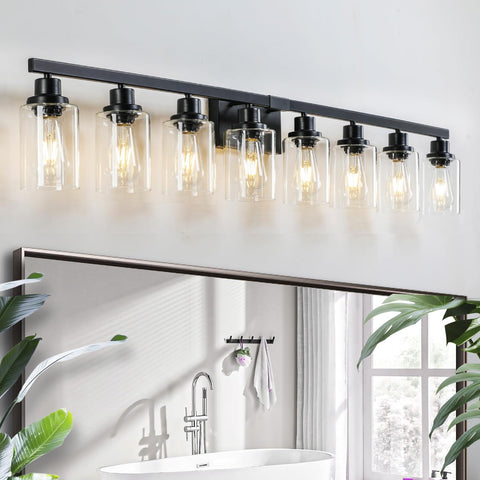 DIKAIDA 8 light vanity over mirror in matte black enhances bathroom ambiance
