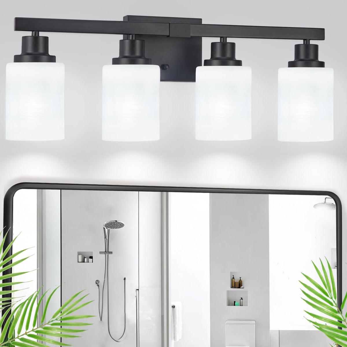 DIKAIDA bathroom light with four matte black fixtures for a bold, modern vanity.