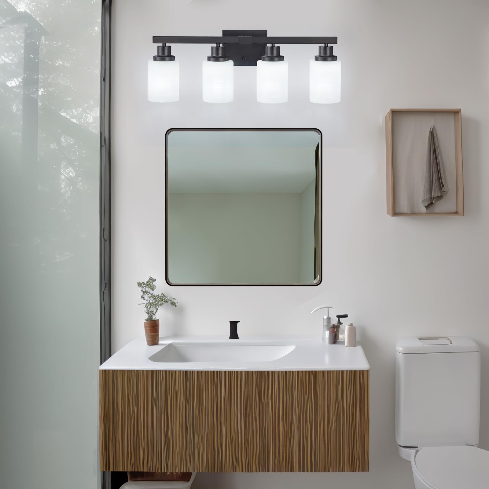 DIKAIDA milky-white glass shade provides soft, diffuse illumination for relaxing bathroom routines.