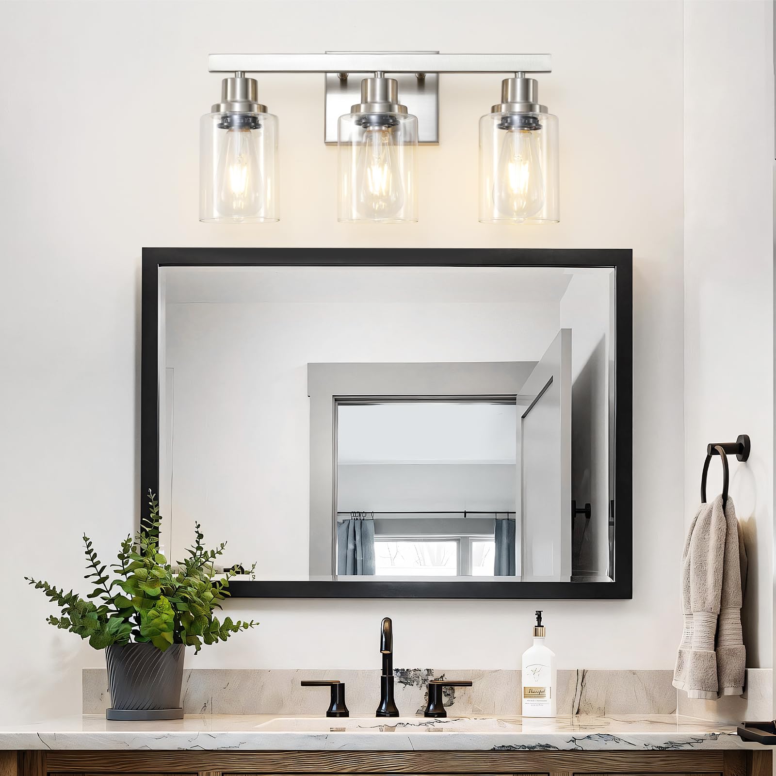 DIKAIDA vanity light above mirror enhances bedroom ambience.