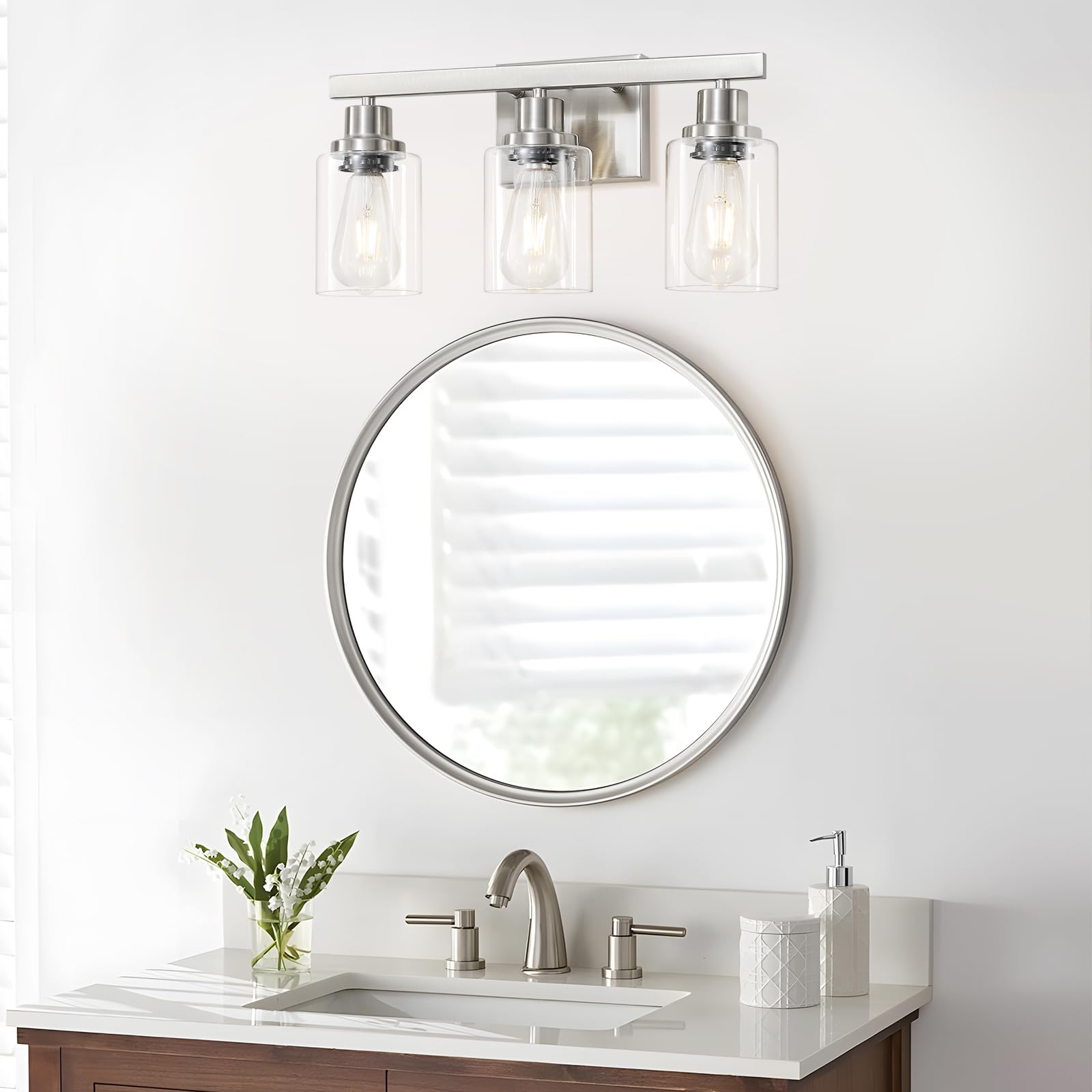 DIKAIDA nickel wall light mounted upward for ambient bathroom glow.