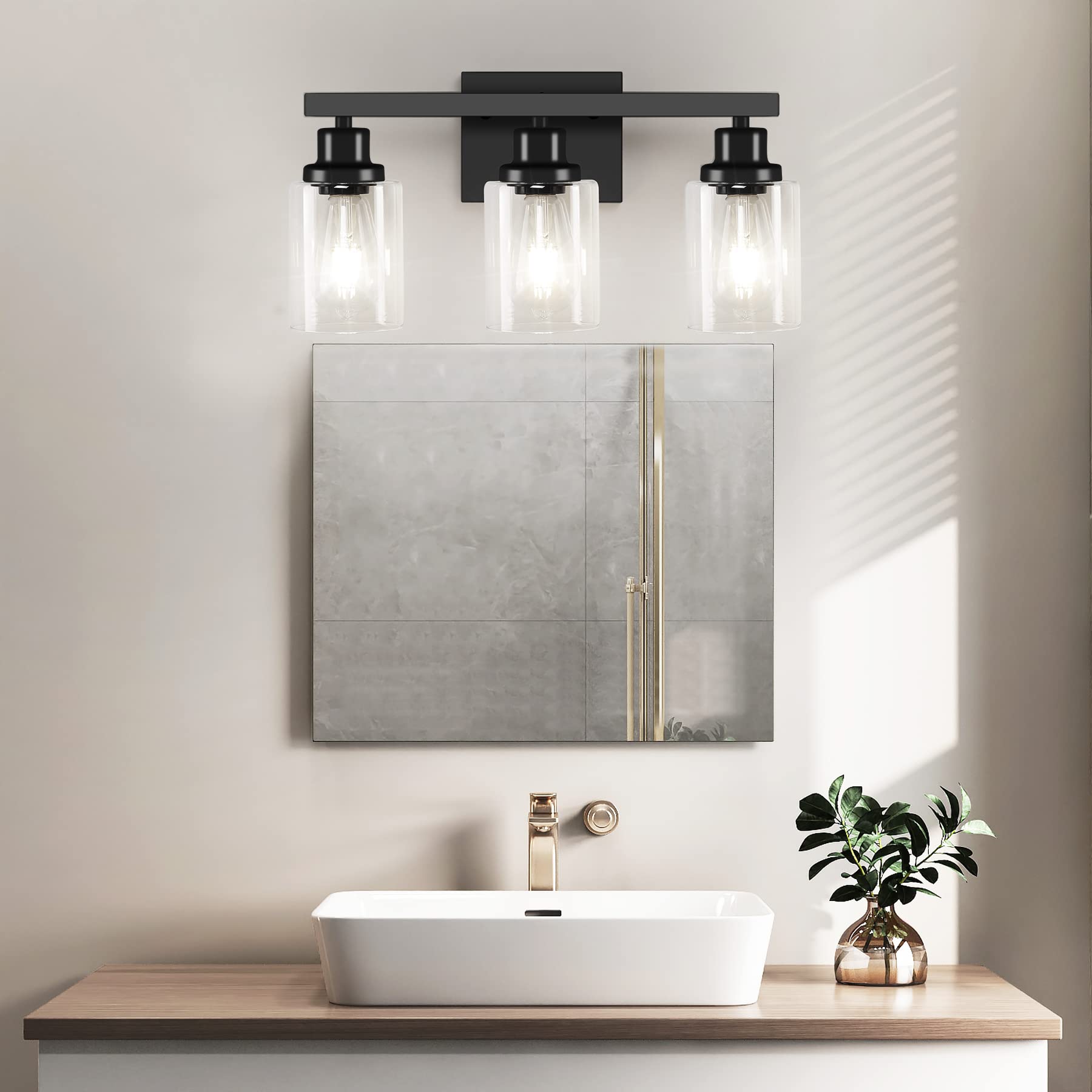 DIKAIDA black matte finish bathroom light adds modern farmhouse style.