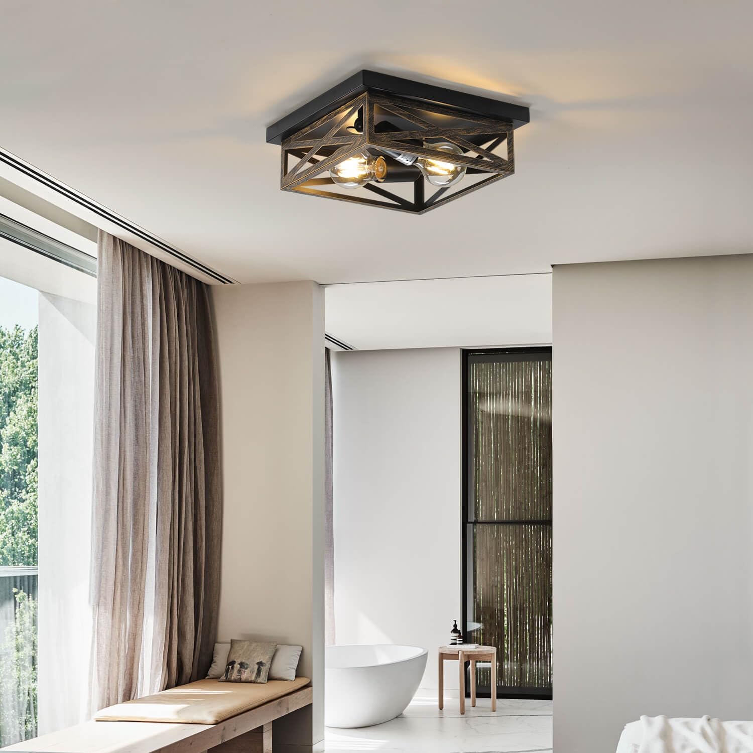DIKAIDA entryway light with X-shaped cage adds industrial elegance.