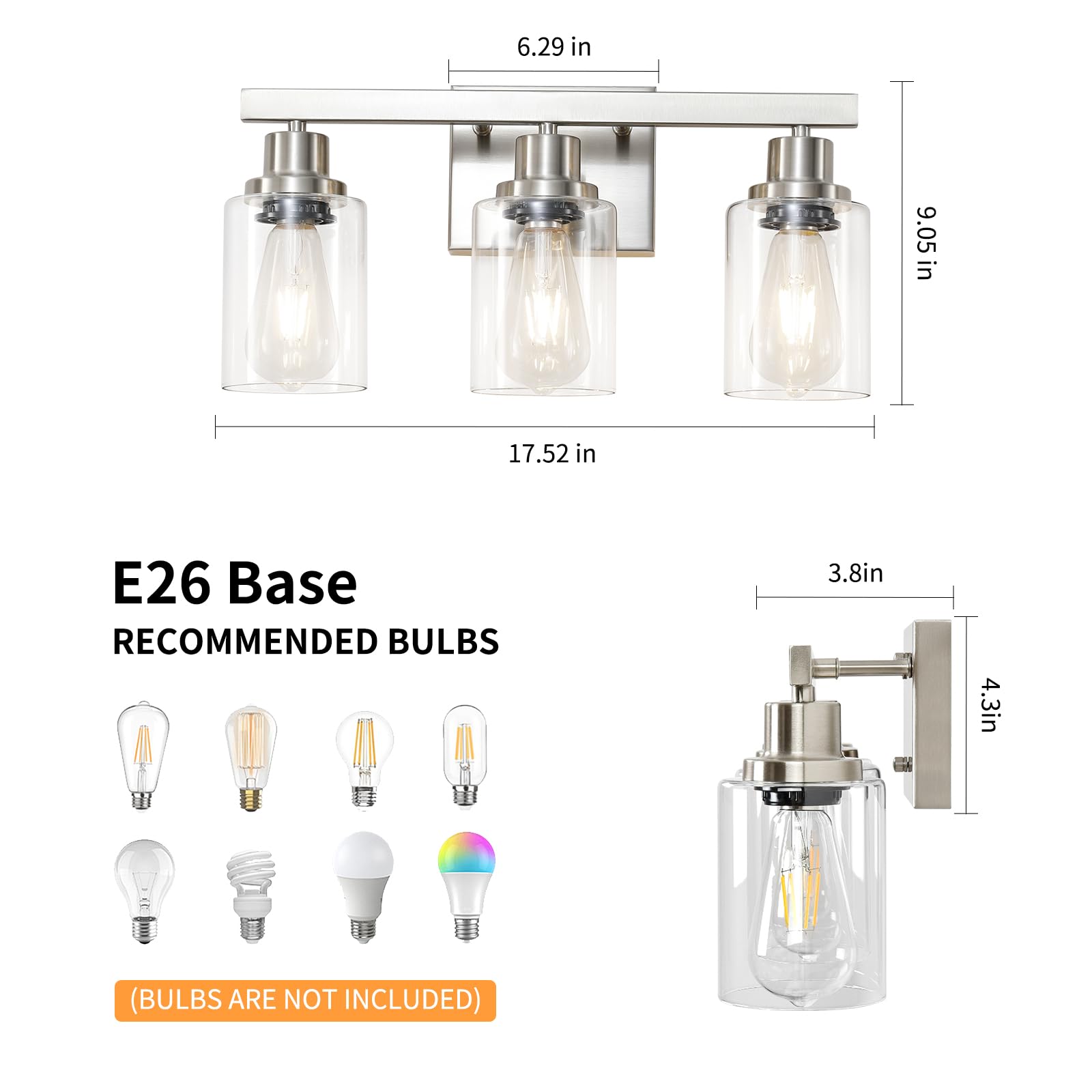 DIKAIDA nickel vanity light with heat-resistant sockets extends bulb life.