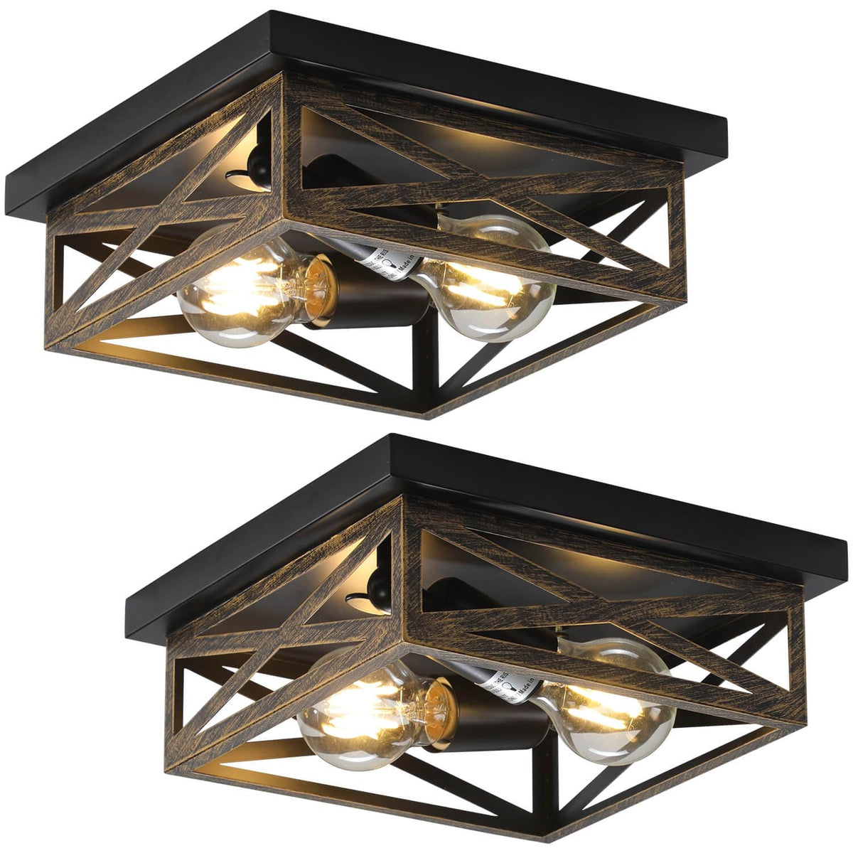 DIKAIDA rustic flush mount light with metal cage for hallway illumination.