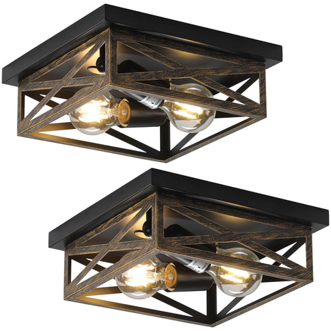 DIKAIDA rustic flush mount light with metal cage for hallway illumination.