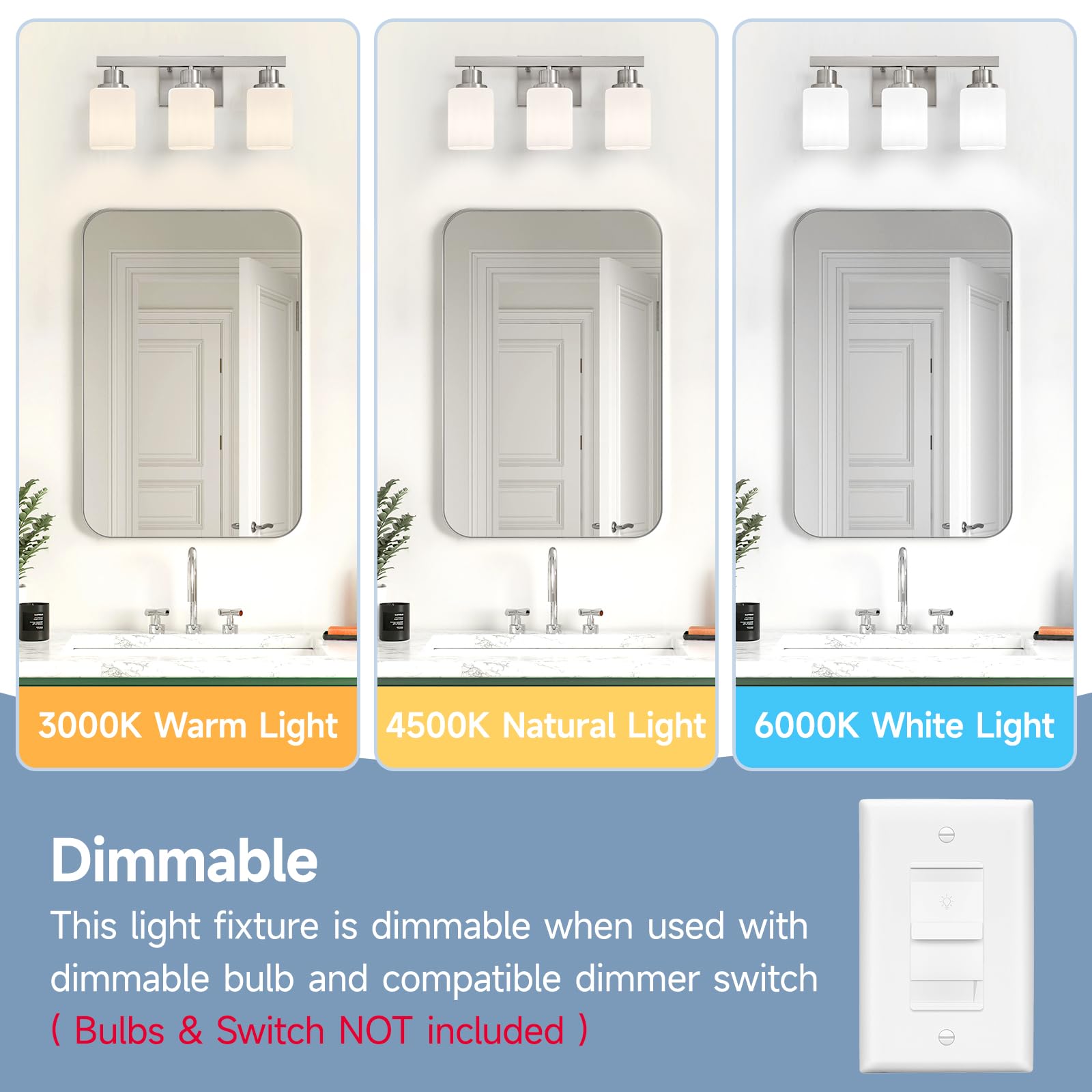 DIKAIDA over-mirror lighting setup highlighting modern glass shade diffusion.