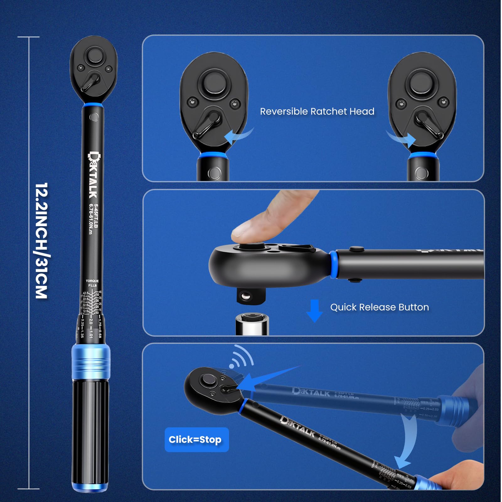 DikTalk 72-tooth head enables five-degree swing in tight spaces.