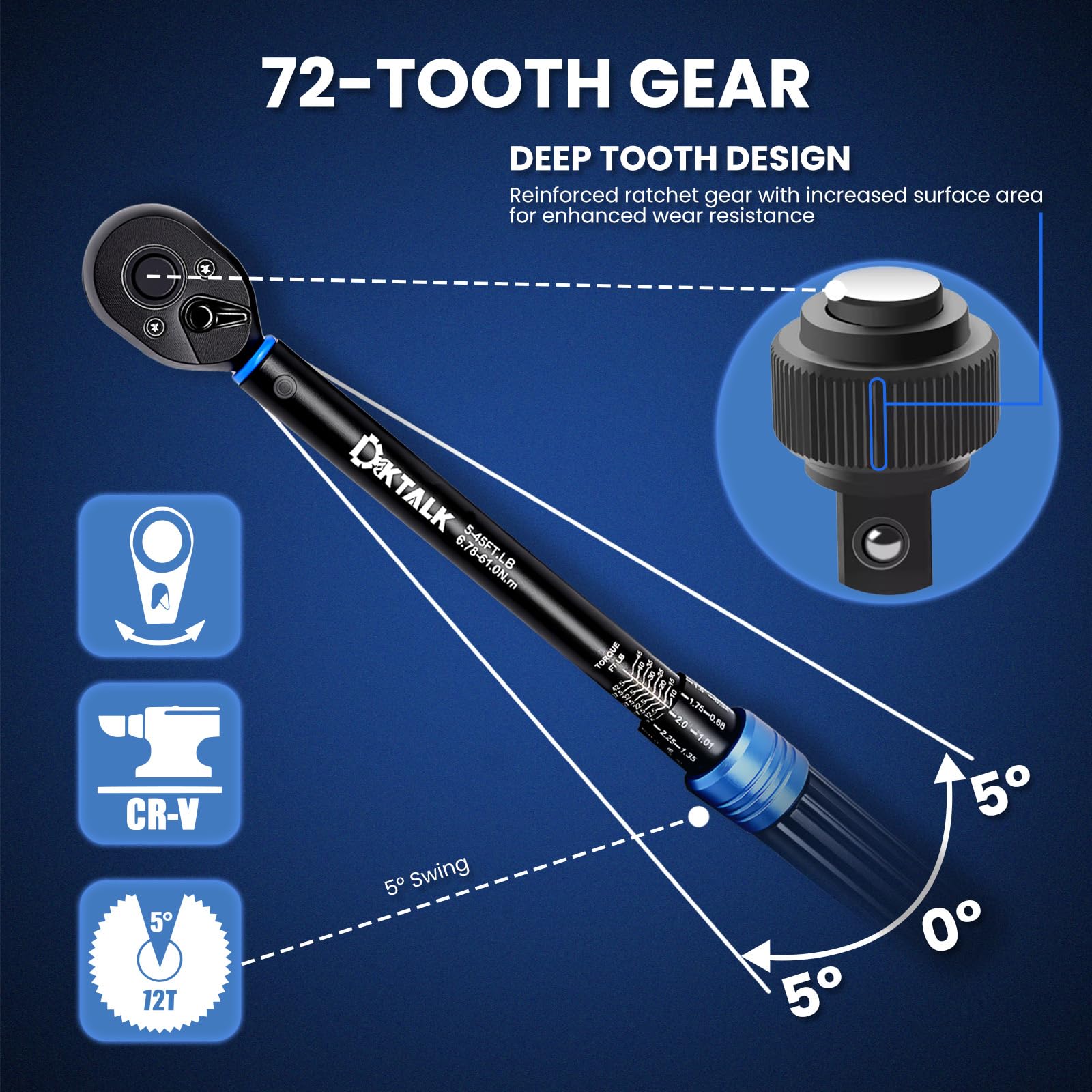 DikTalk torque wrench delivers audible click and vibration feedback to prevent overtightening.