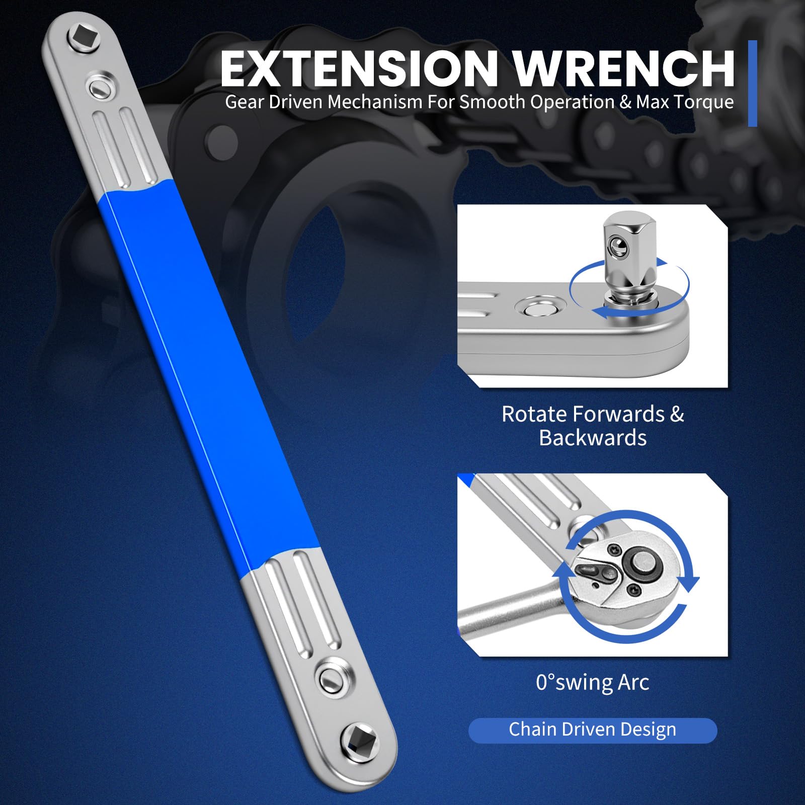 DikTalk offset extension wrench close-up shows zero-degree swing arc and precision chain drive.