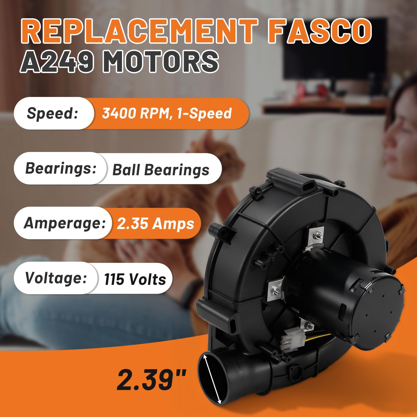 Dilomber A249 blower motor label close-up highlighting 115V rating for quick compatibility checks.
