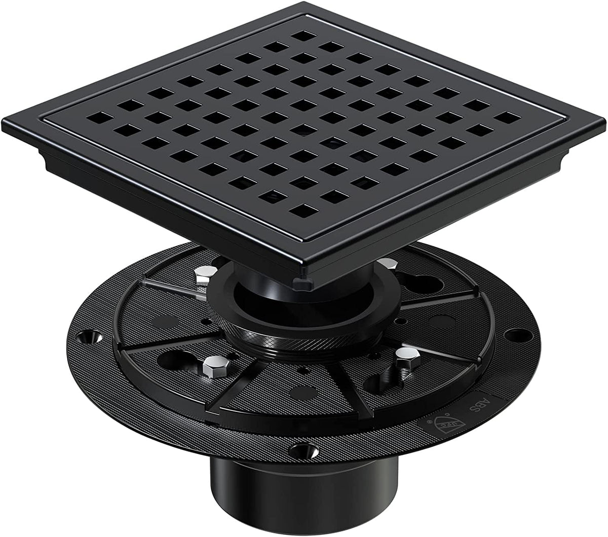 Dilvii 6-inch square matte black shower drain with high-flow grate.