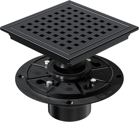 Dilvii 6-inch square matte black shower drain with high-flow grate.