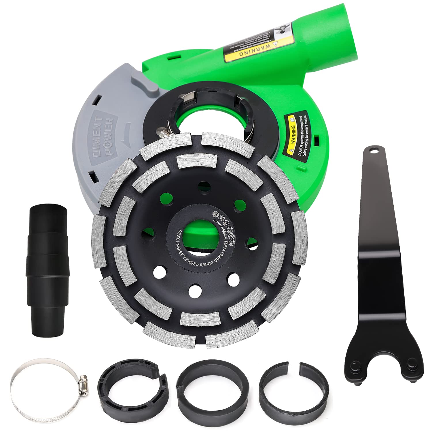 Diment Power dust shroud attached to an angle grinder reduces dust spread during grinding.