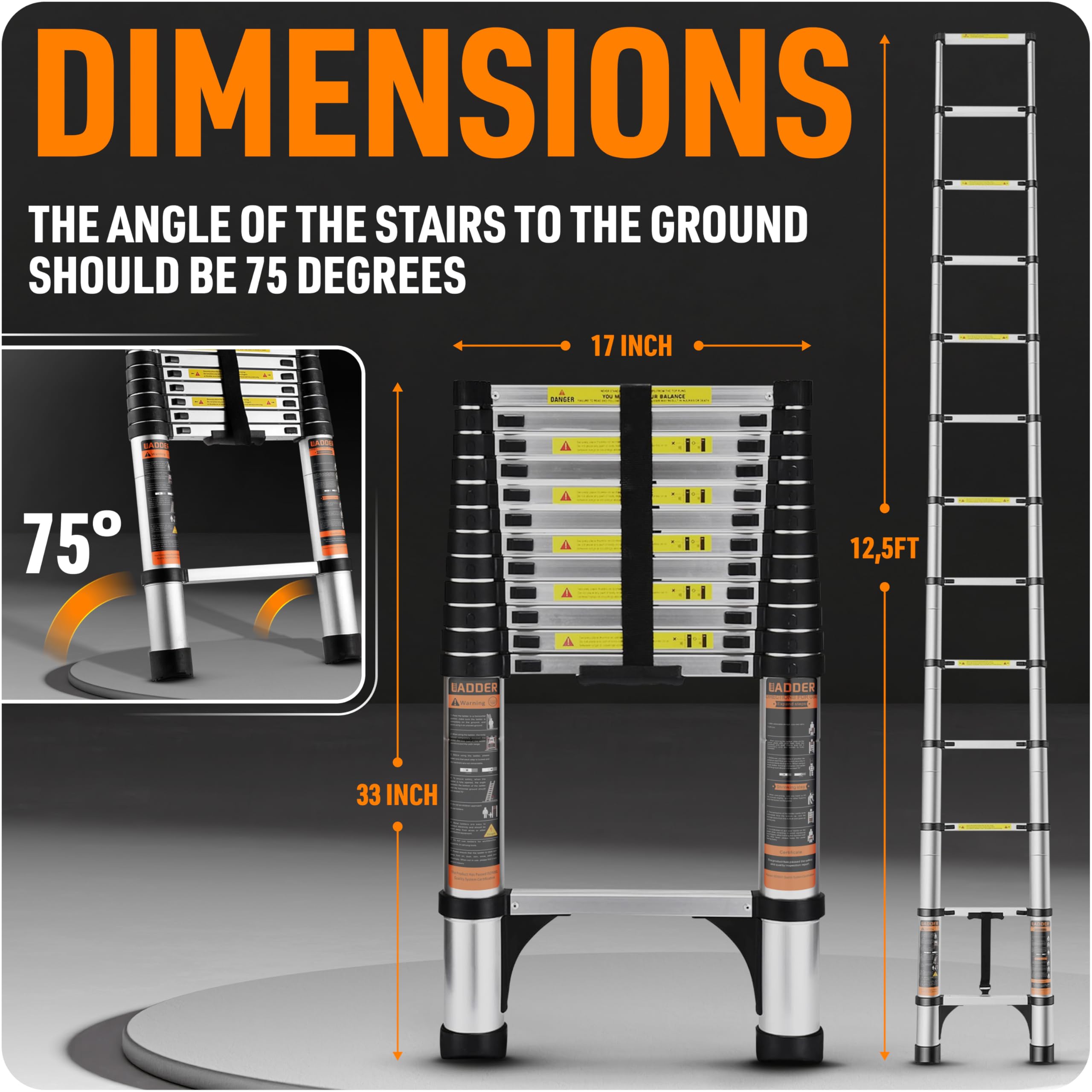 DIMKO aluminum extension ladder ready for outdoor use on roofs and patios.