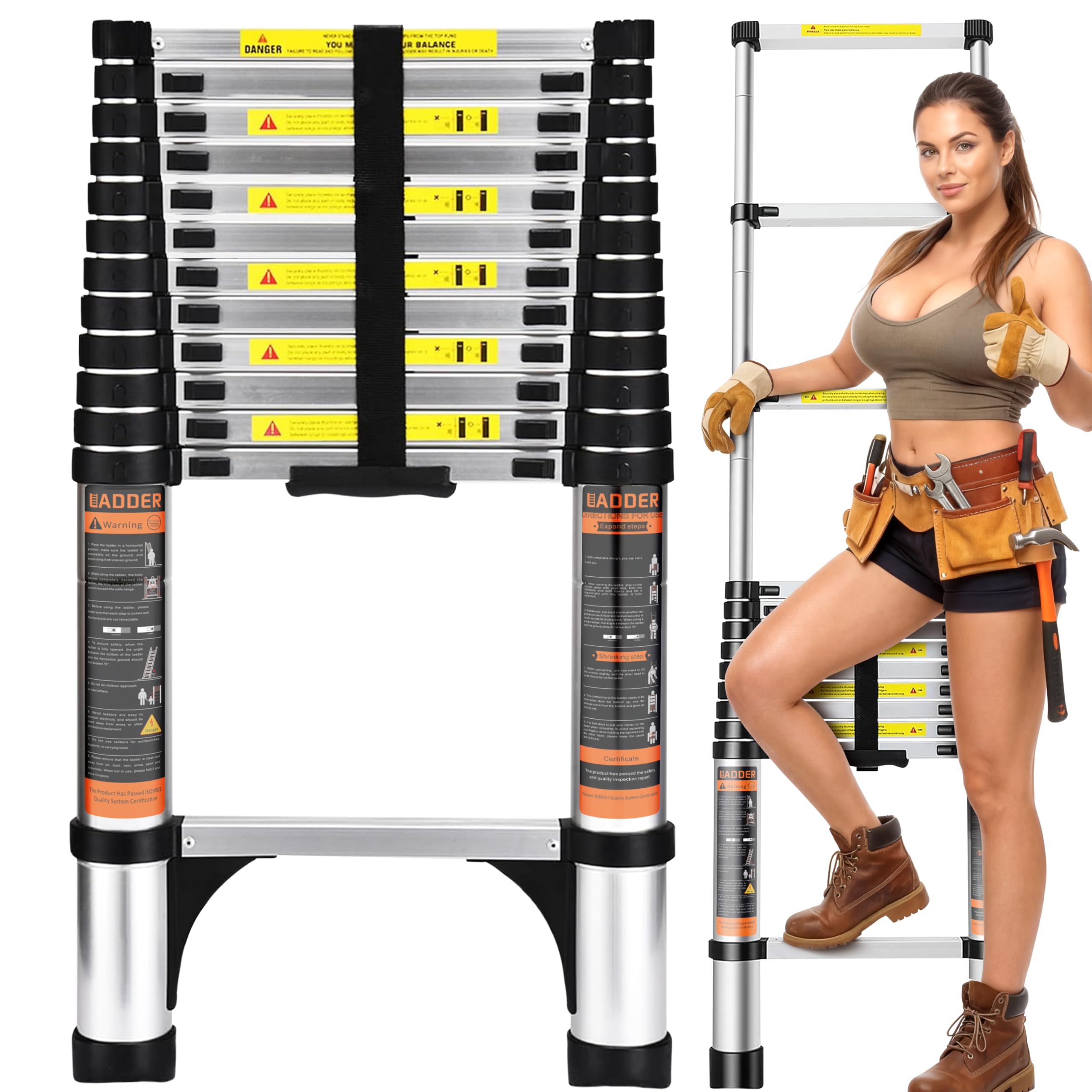 DIMKO telescoping ladder extended to 12.5 ft for high reach work.