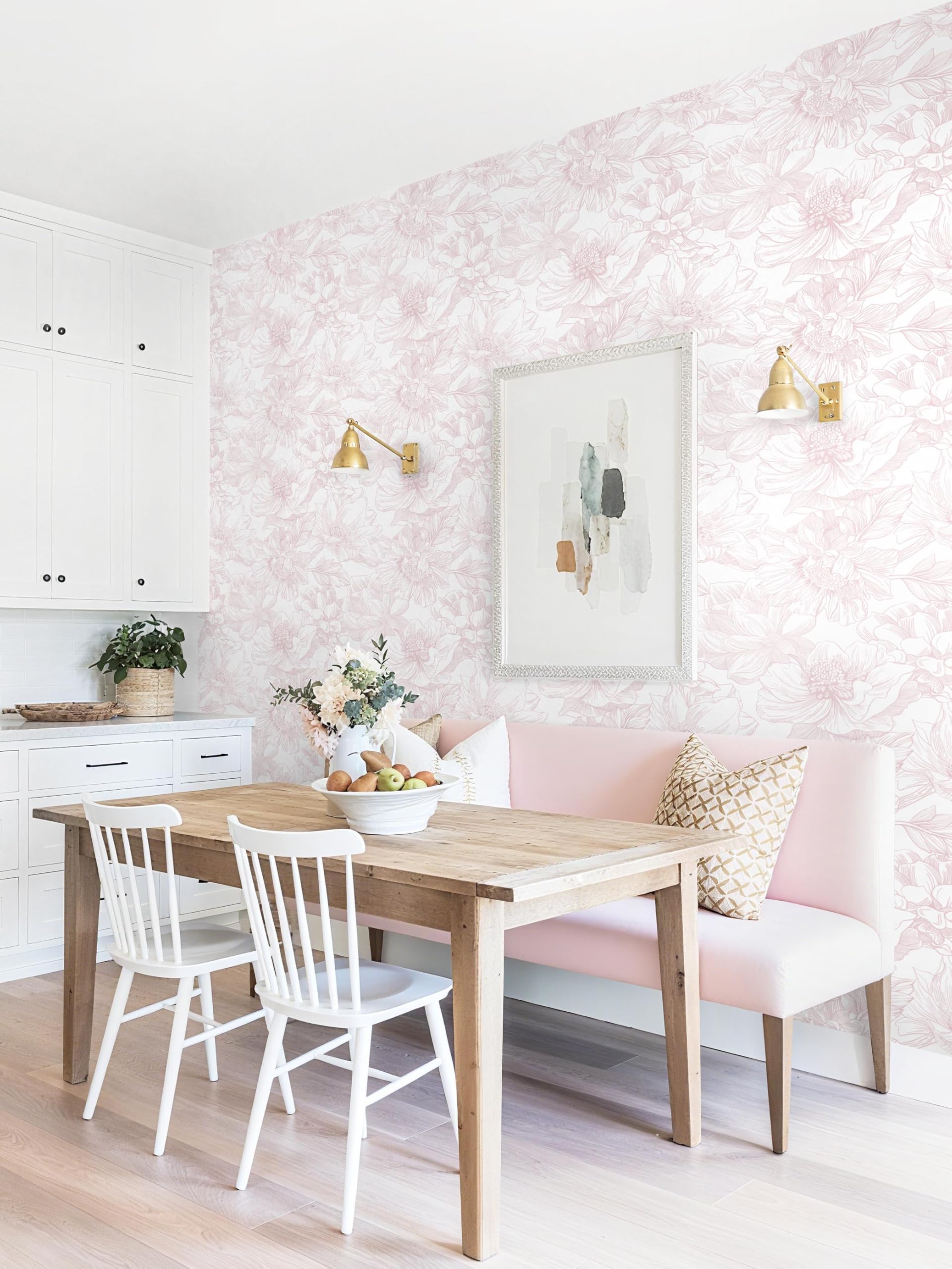 Dimoon bedroom floral wallpaper accent wall in white-pink