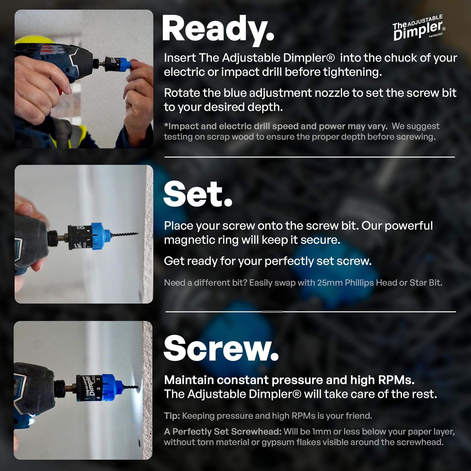 DIMPLER deck screw attachment enables steady, uniform driving
