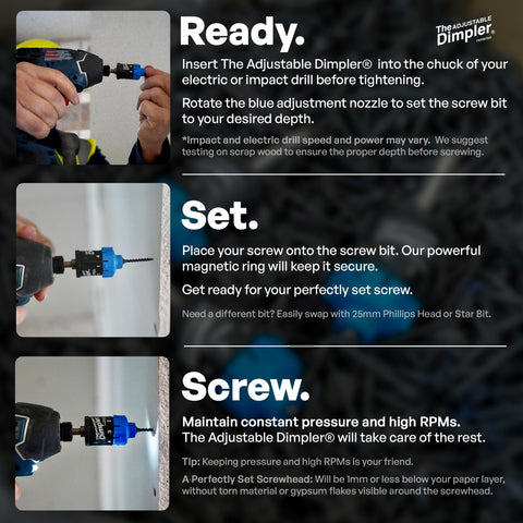 DIMPLER deck screw attachment enables steady, uniform driving