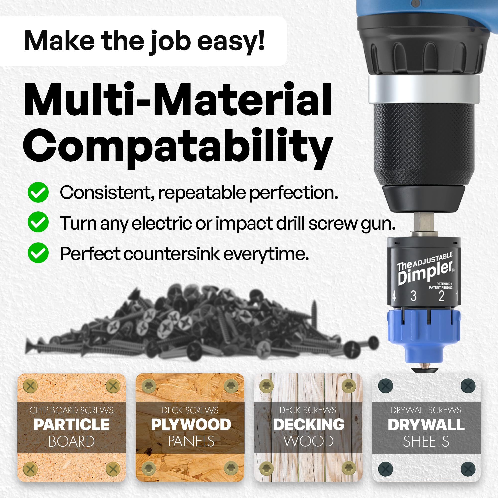 DIMPLER compatible drill attachment turns your drill into a screw gun