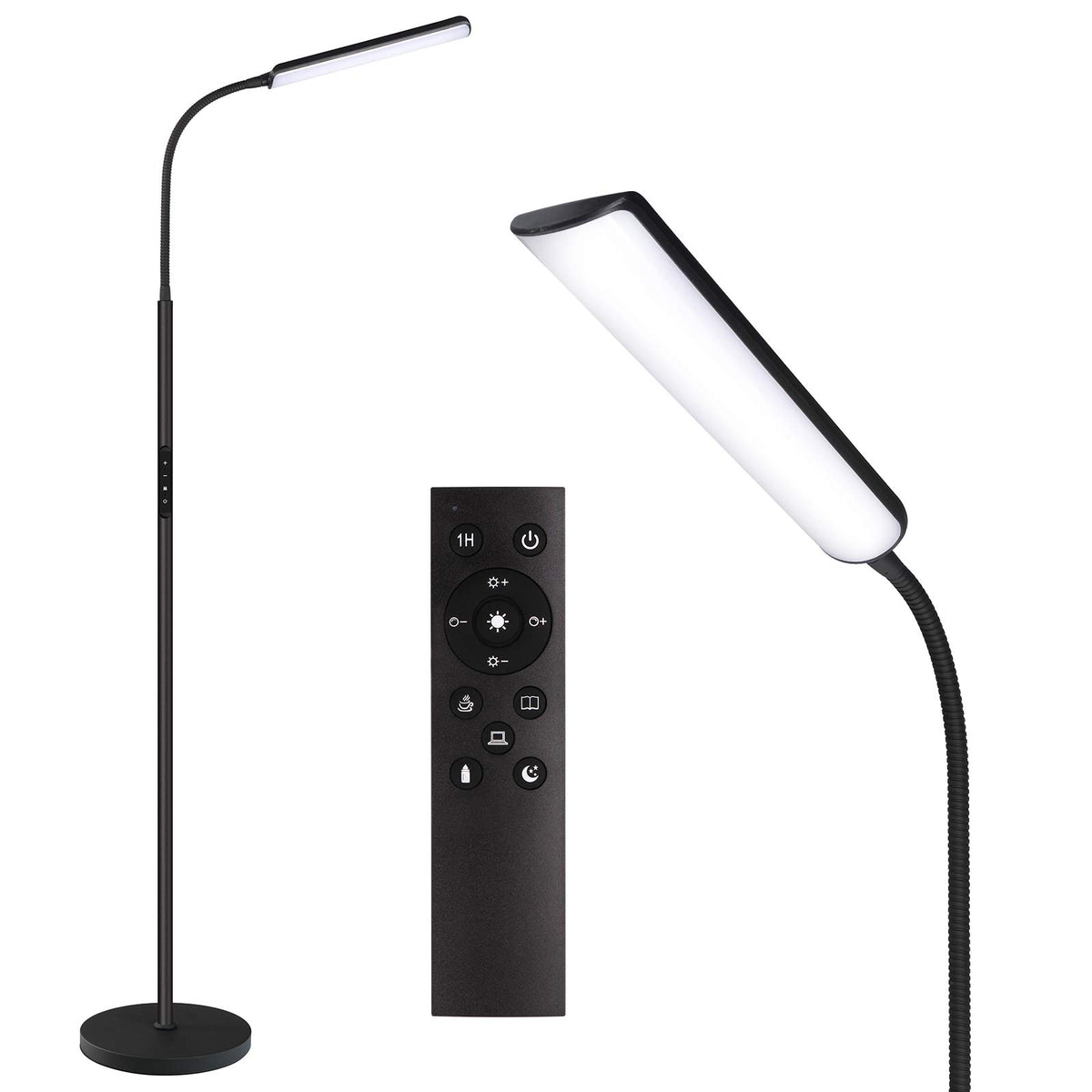 Dimunt LED floor lamp with 112-LED array for broad living room illumination.