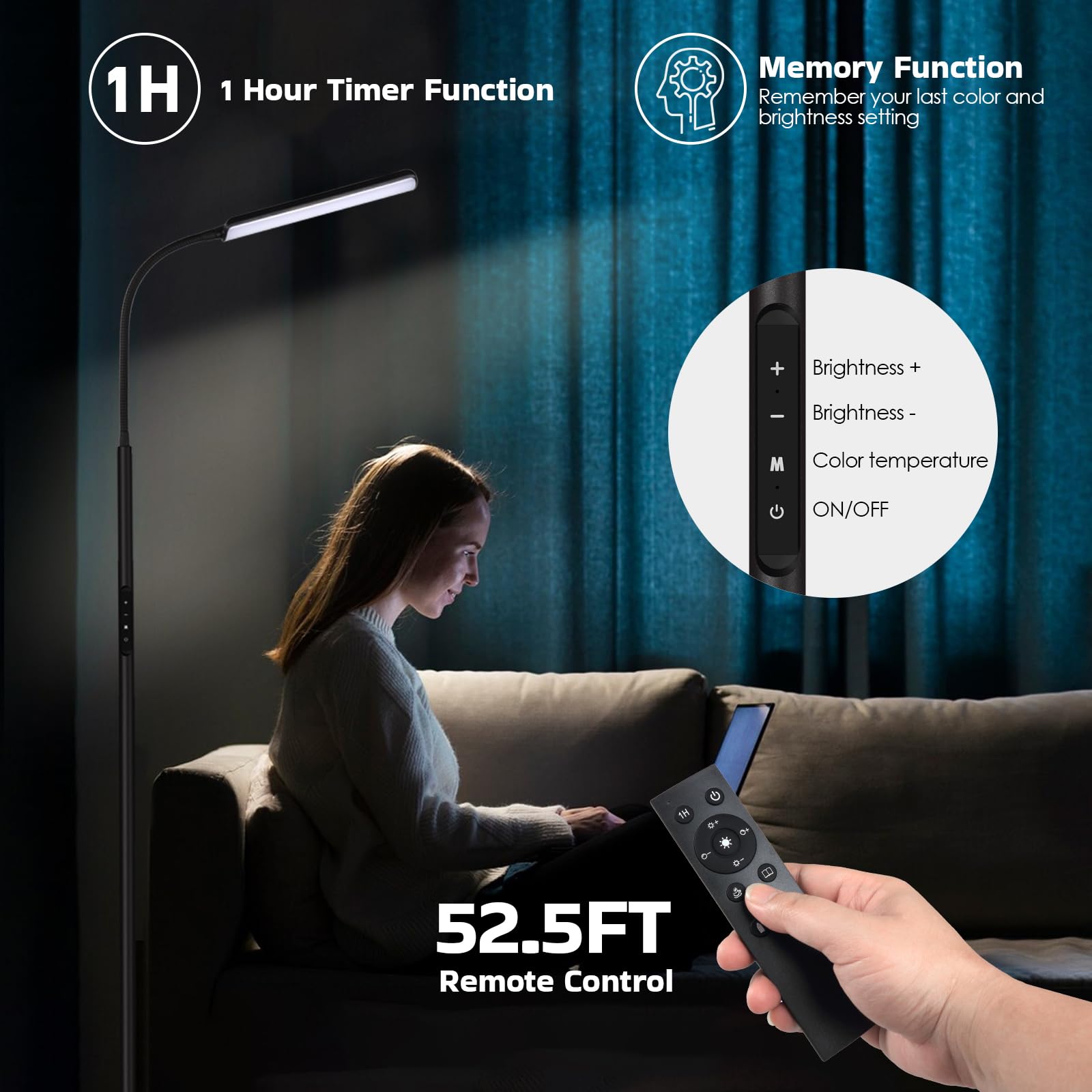 Dimunt LED floor lamp 3000K-6000K range for flexible mood lighting.