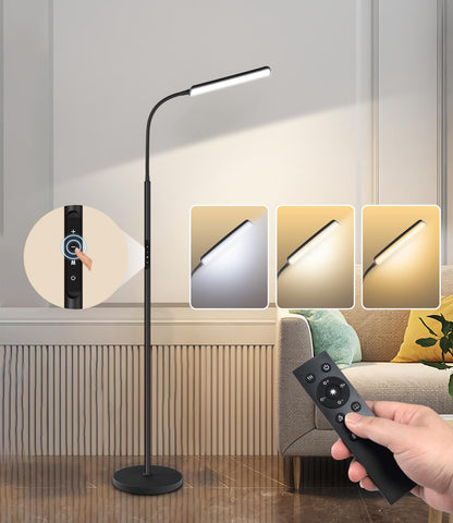Dimunt LED floor lamp arc lighting design for wider light reach and fewer shadows.