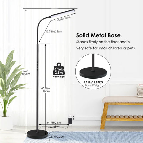 Dimunt LED floor lamp with remote control for convenient brightness and color changes.