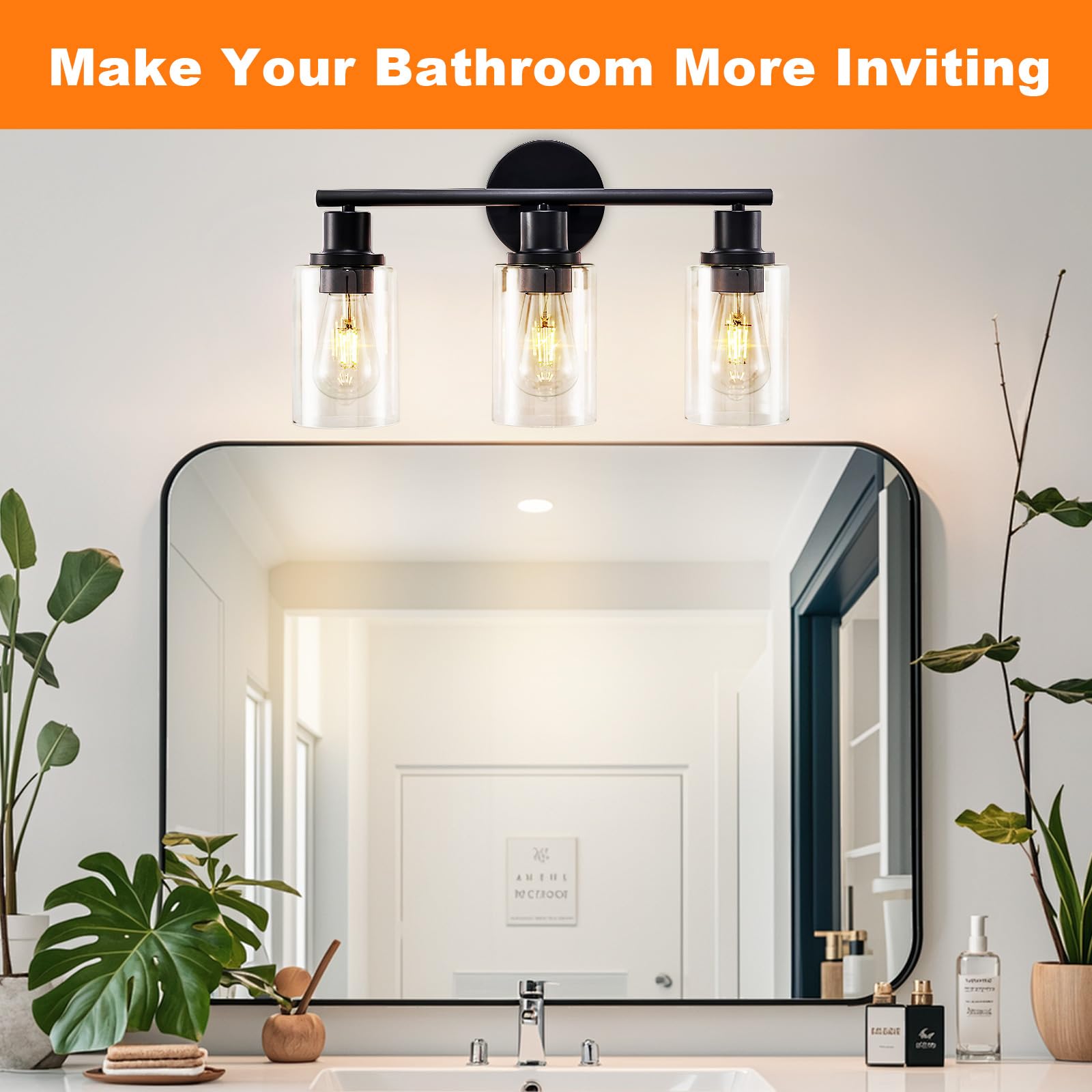 DINGLILIGHTING DLLT bathroom light shade closeup reveals crisp glass and modern matte black finish.