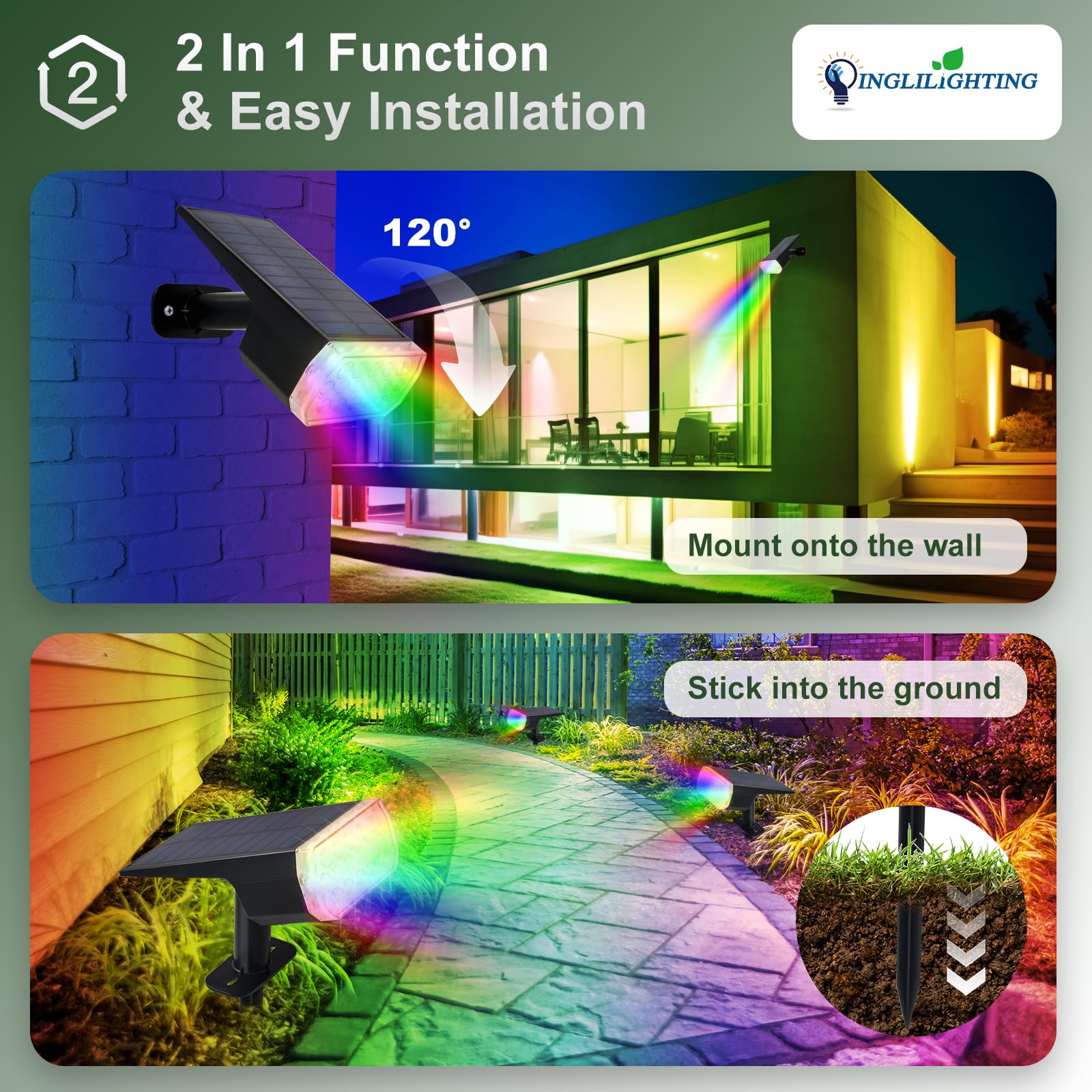 DINGLILIGHTING adjustable solar panel spotlight lets you aim light precisely at features.