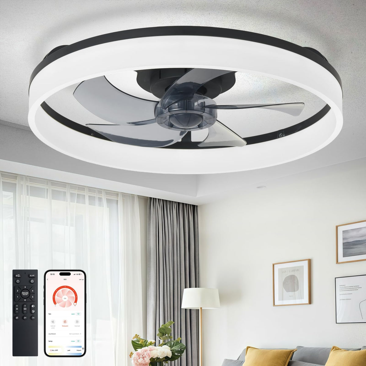 DINGLILIGHTING DLLT bladeless fandelier front view for safe, stylish bedroom cooling