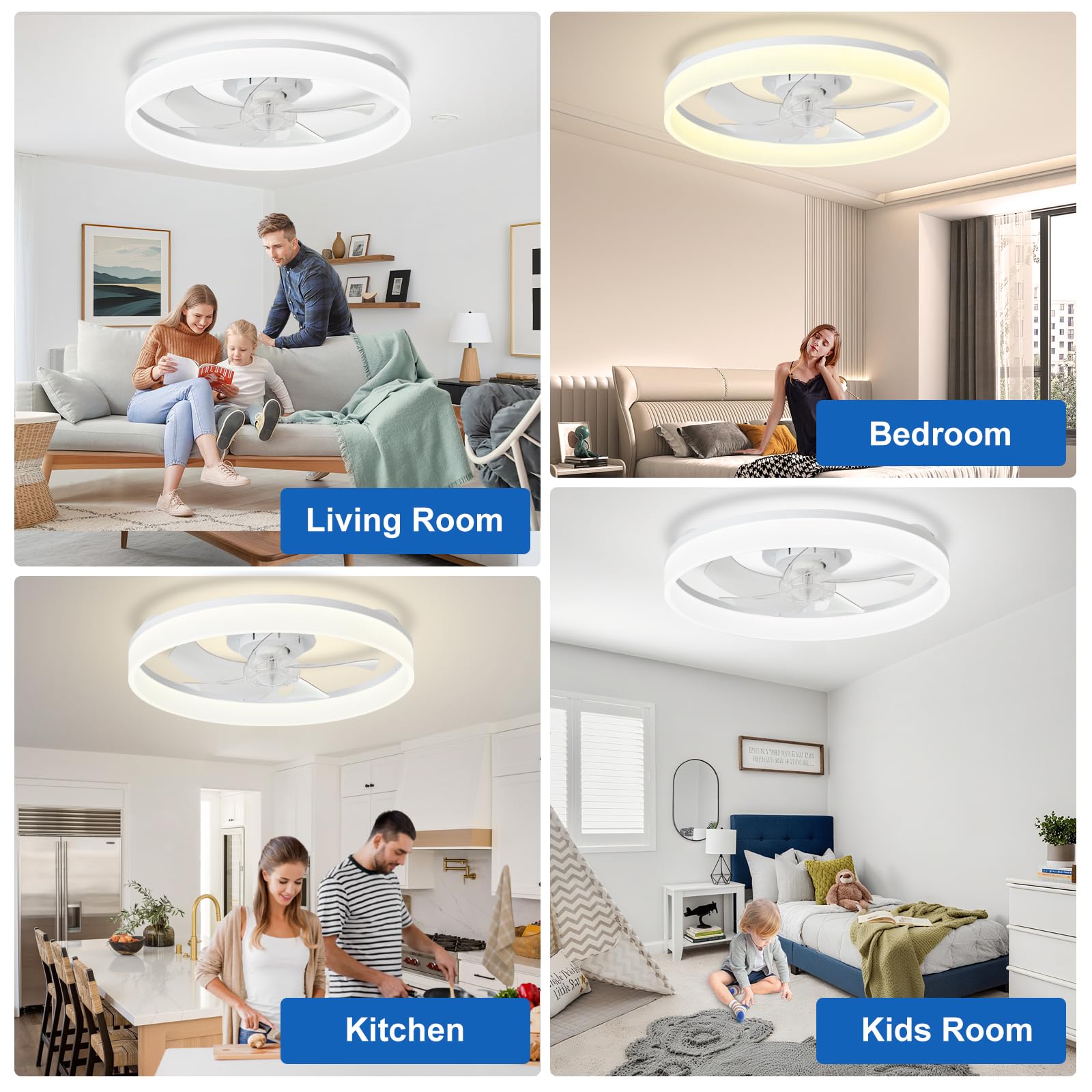 DLLT 20-inch fandelier side view highlights slim flush mount for low ceilings.