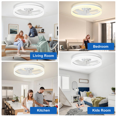DLLT 20-inch fandelier side view highlights slim flush mount for low ceilings.