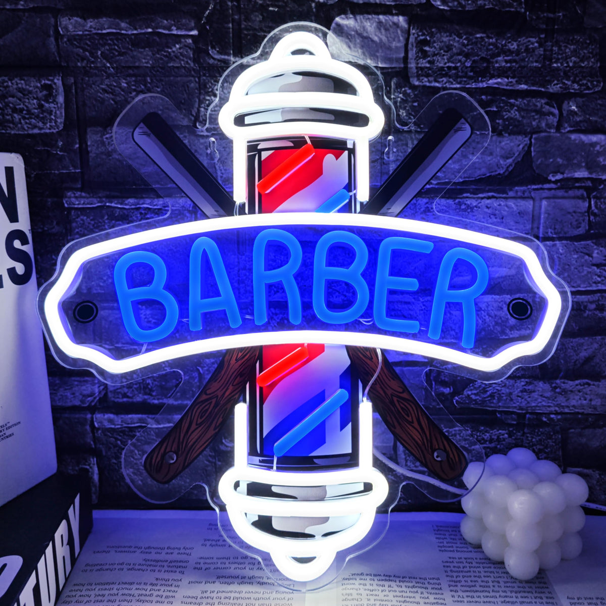 Dipomy Barber Neon Sign on wall with bright glow enhances shop ambience