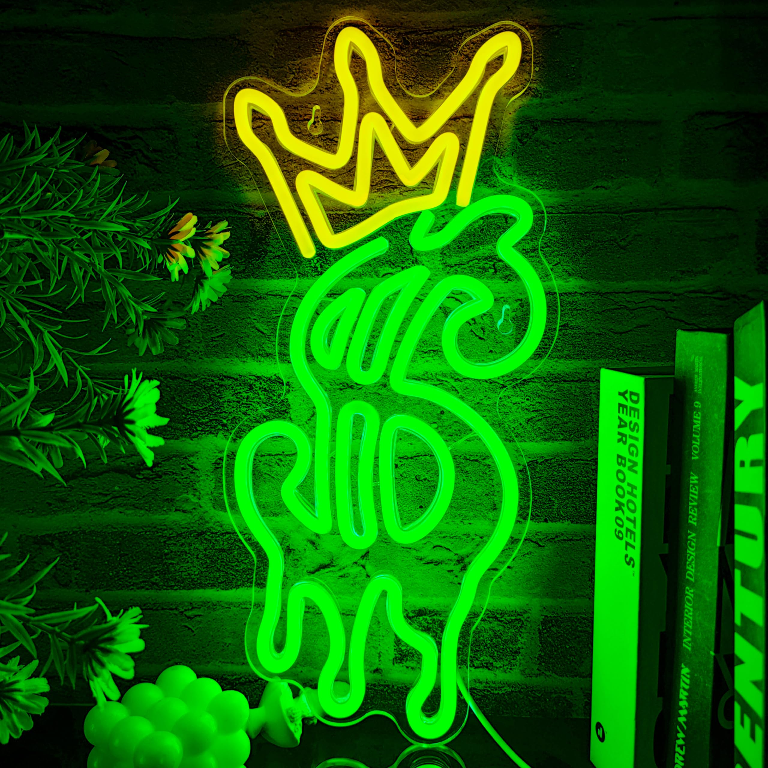 Dipomy Dollar-Crown Neon Sign on wall creates a focal point.