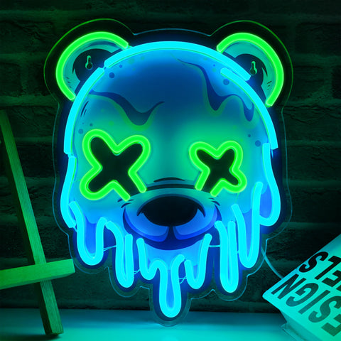 Dipomy Ice Bear neon sign on wall with green and ice-blue glow for ambient lighting