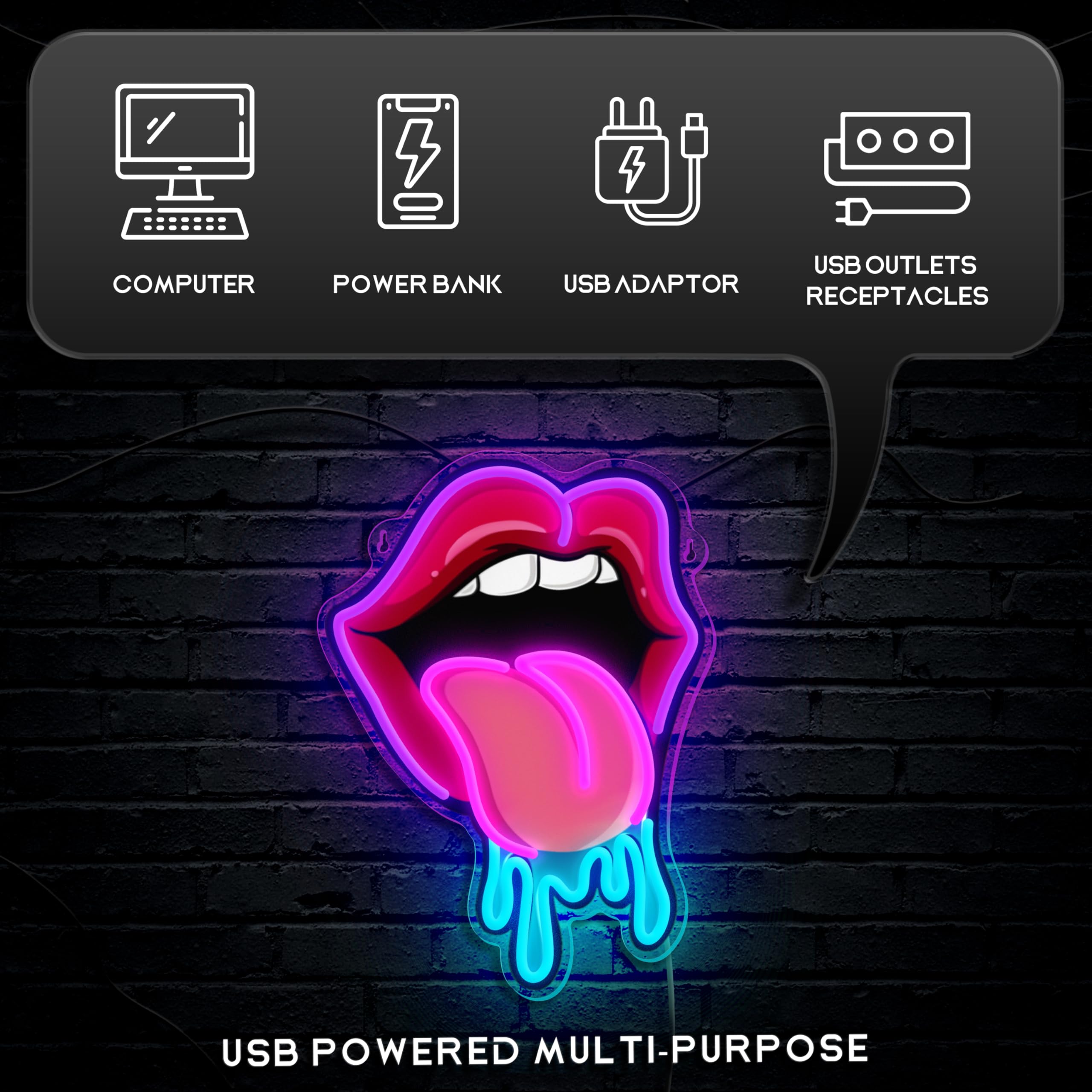 Dipomy Lips Tongue Neon Sign brightens bedrooms as playful decor.