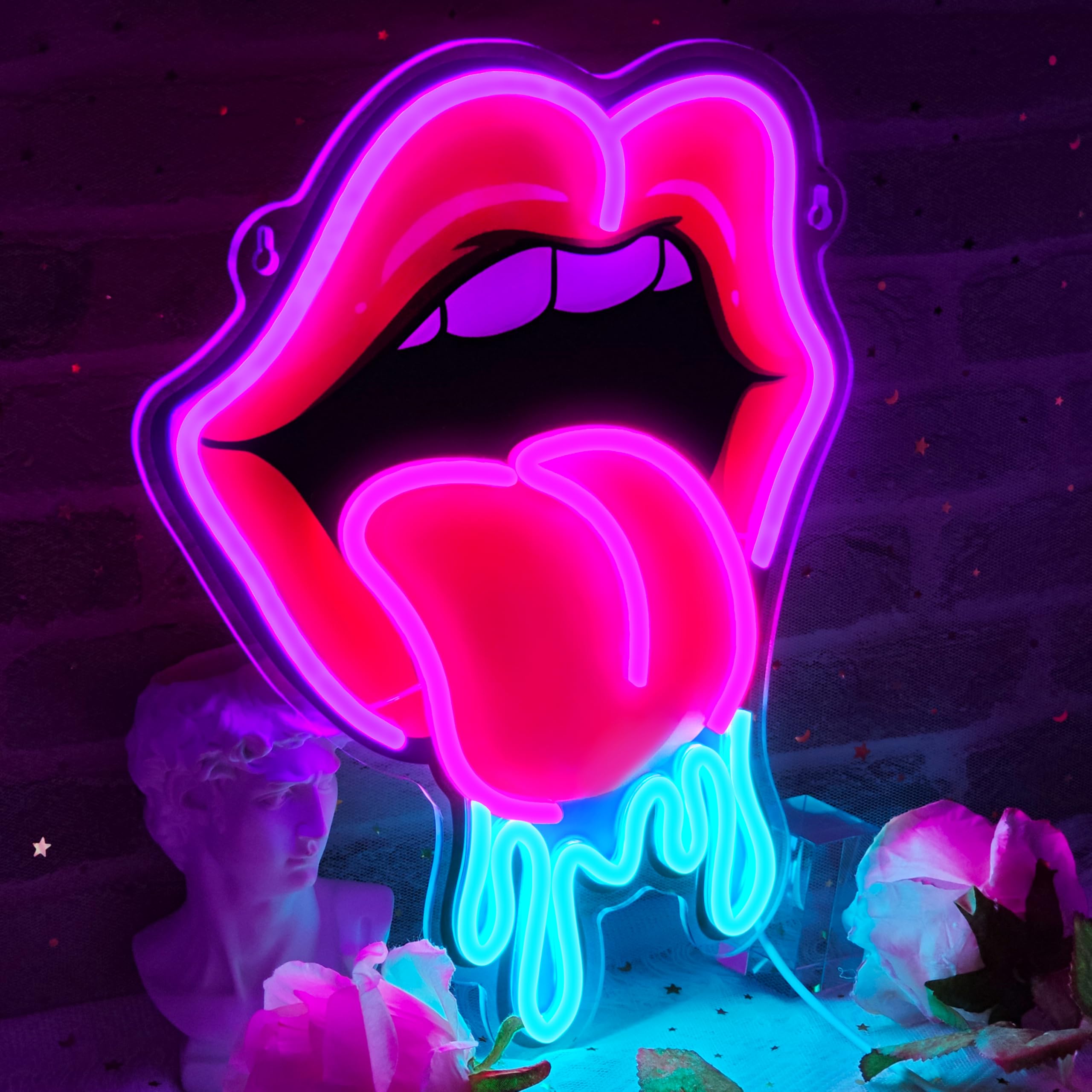Dipomy Lips Tongue Neon Sign emits vivid glow for cafe or party ambiance.